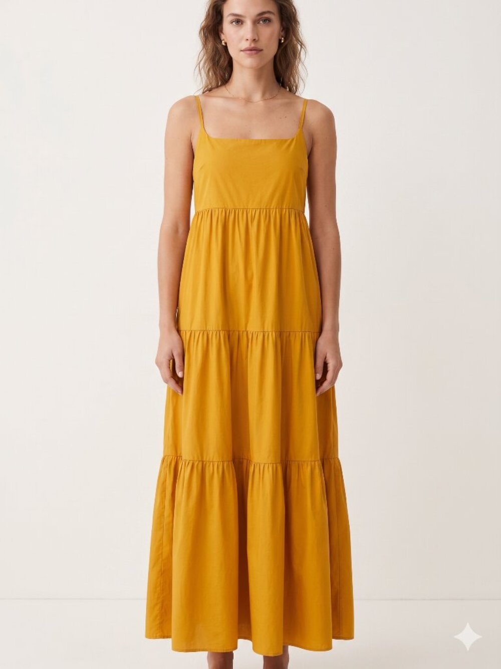 ZARA Mustard Yellow Tiered Maxi Slip Dress Size L Cotton Blend Minimalist Summer